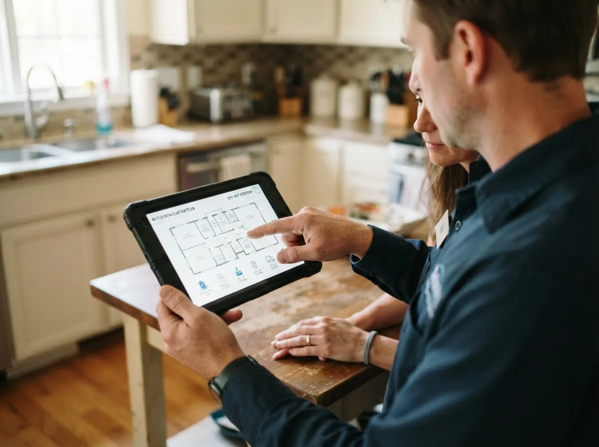 Water damage restoration technician inspecting a home in Minden, IA